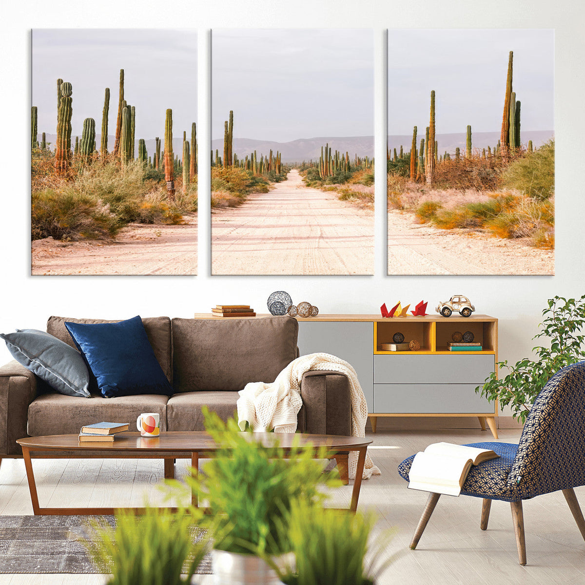 Desert Cactus Lined Road Wall Art Canvas Print – Framed