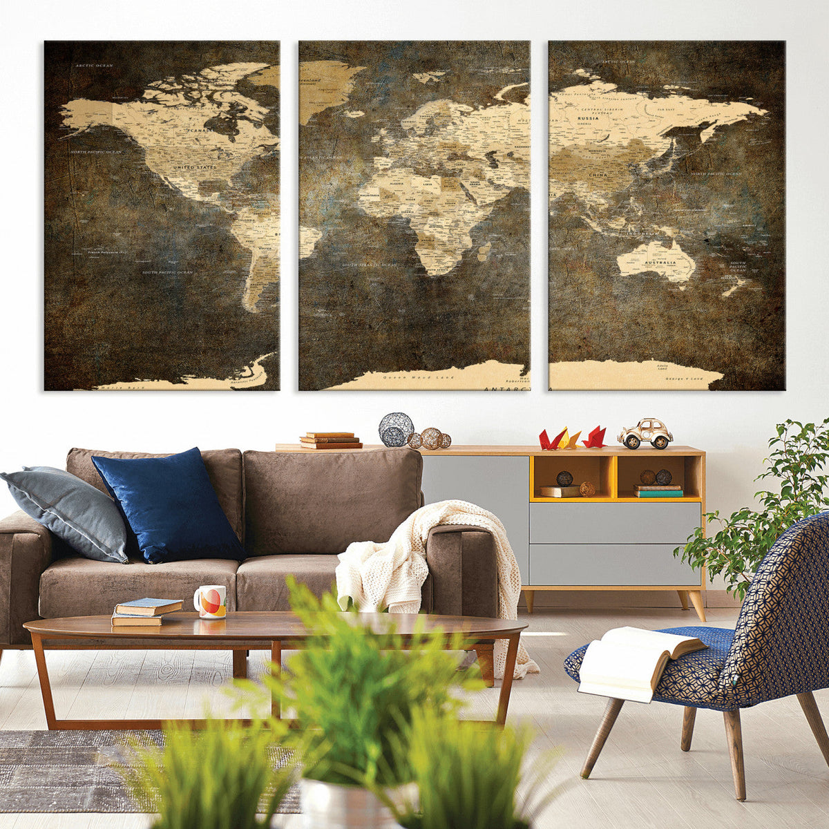 Large Framed Vintage World Map Wall Art Print for Home Wall