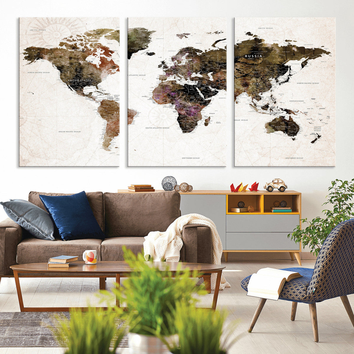 Watercolor World Map Print - Large Wall Art Canvas Print for