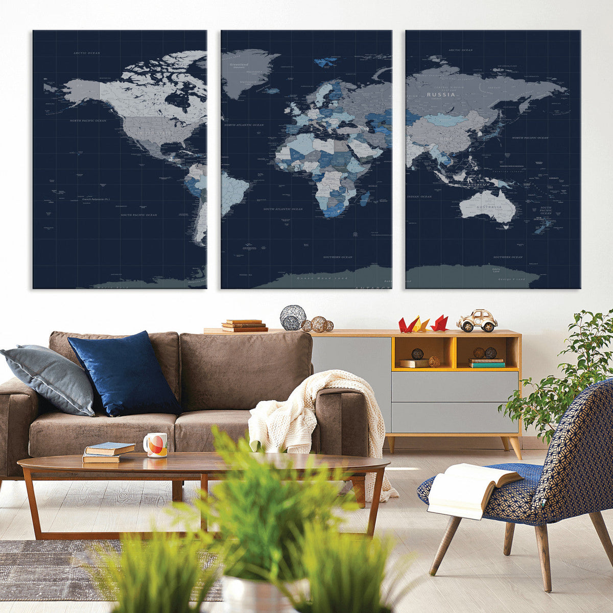 Blue Detailed World Map Wall Art Canvas Print, Modern Framed