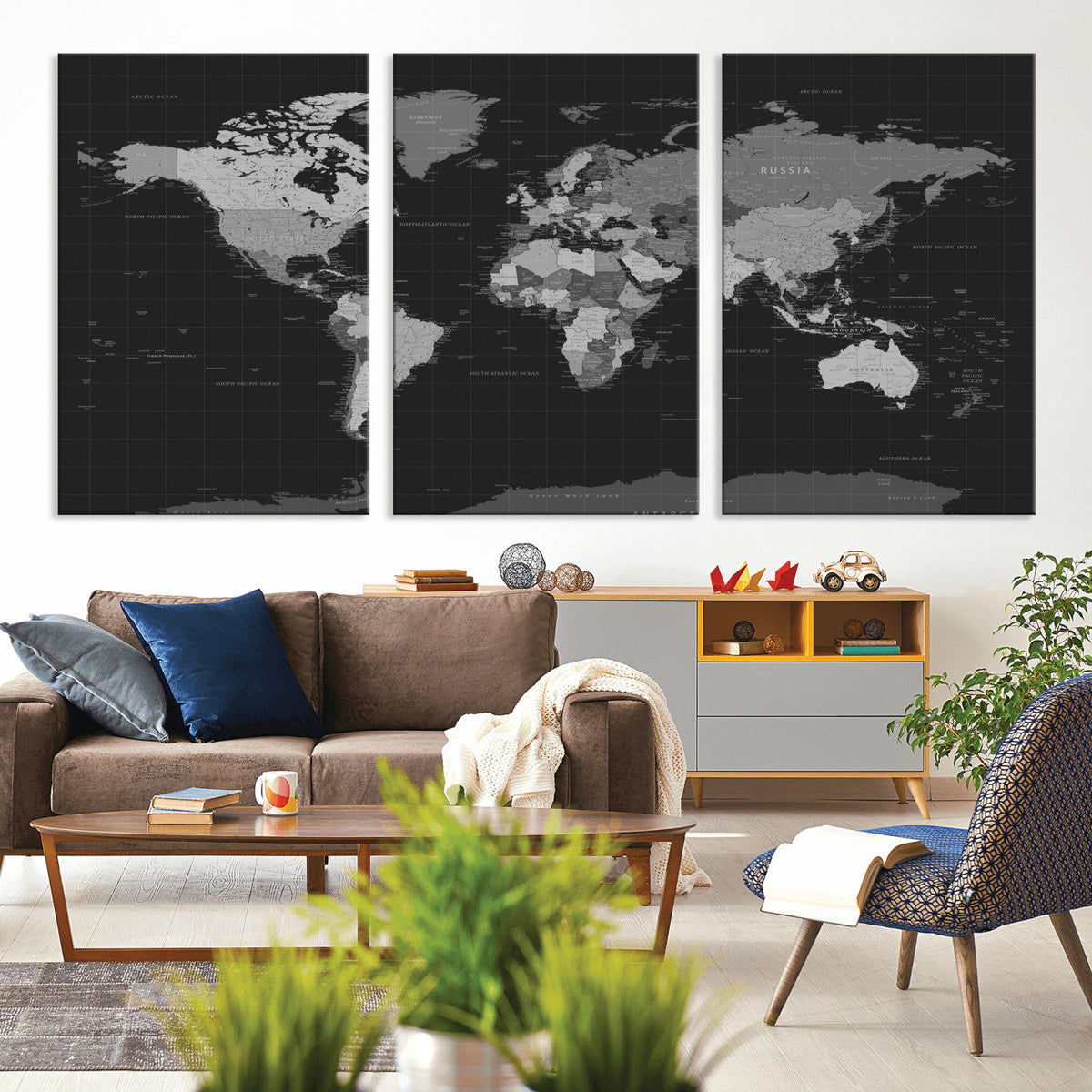 Black World Map Wall Art Canvas Print – Detailed Map of the