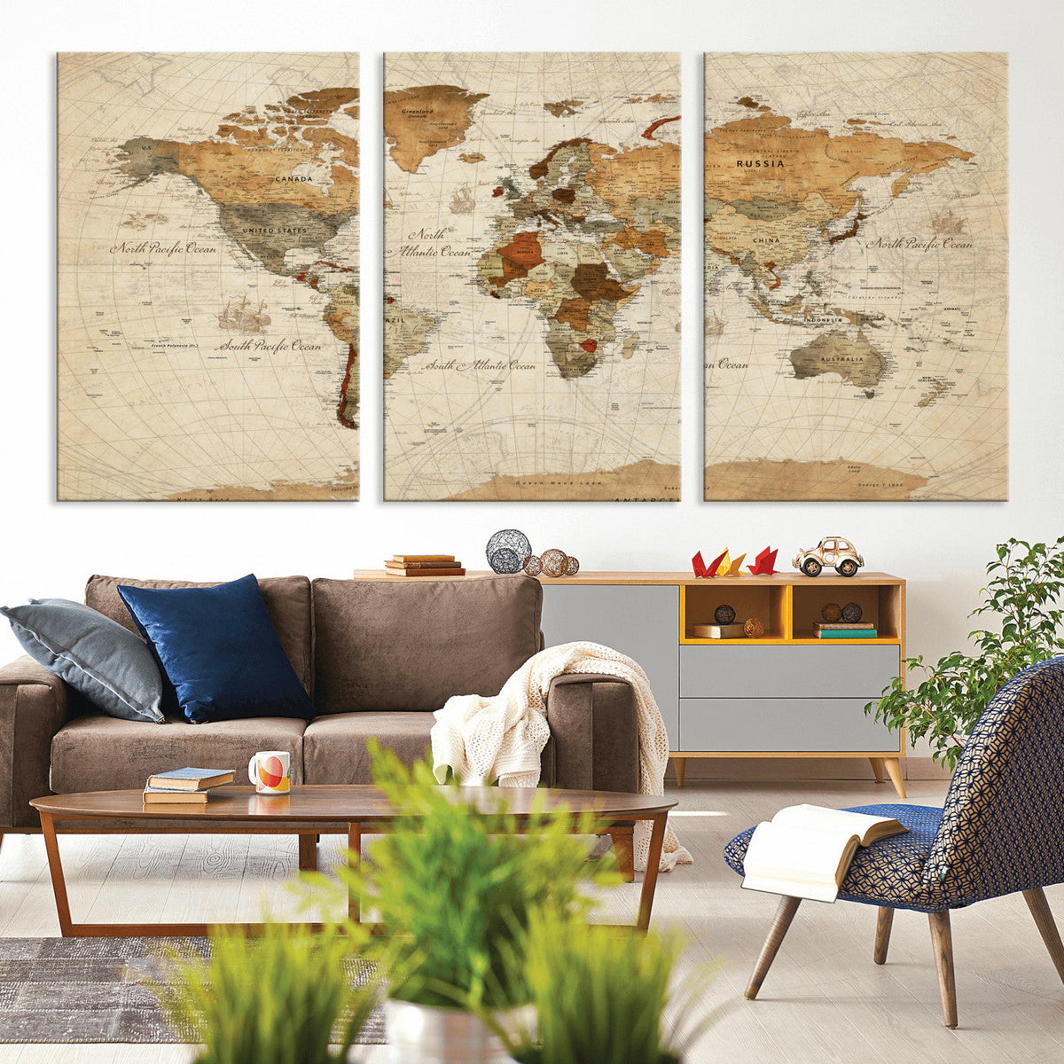 Rustic Vintage World Map Canvas Print – Framed Modern
