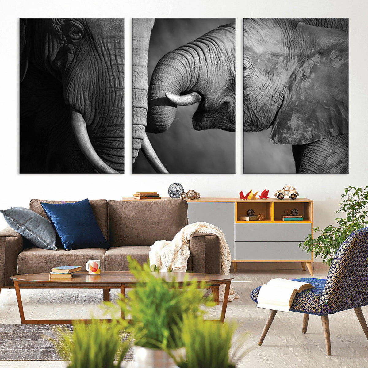 Elephant Family Wall Art Canvas, Framed Elephant Family