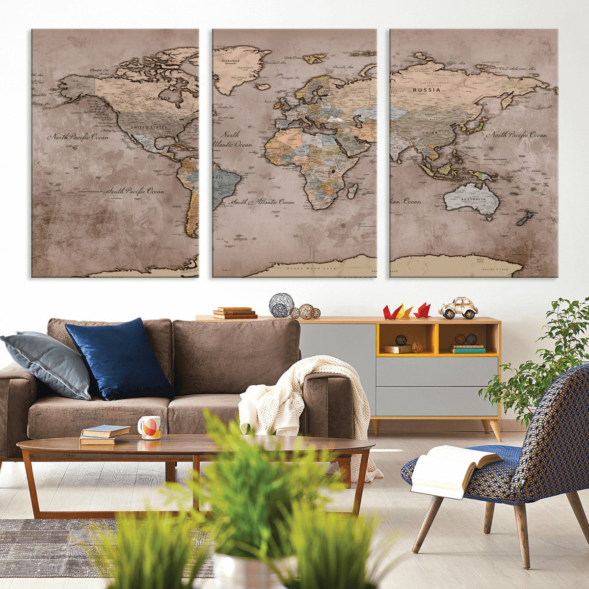 Grunge World Map Canvas Wall Art - Vintage Aged World Map
