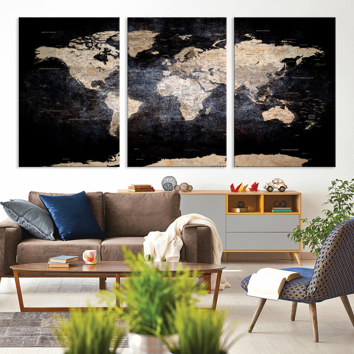 Grunge World Map Wall Art | 3-Panel Large Beige and Brown