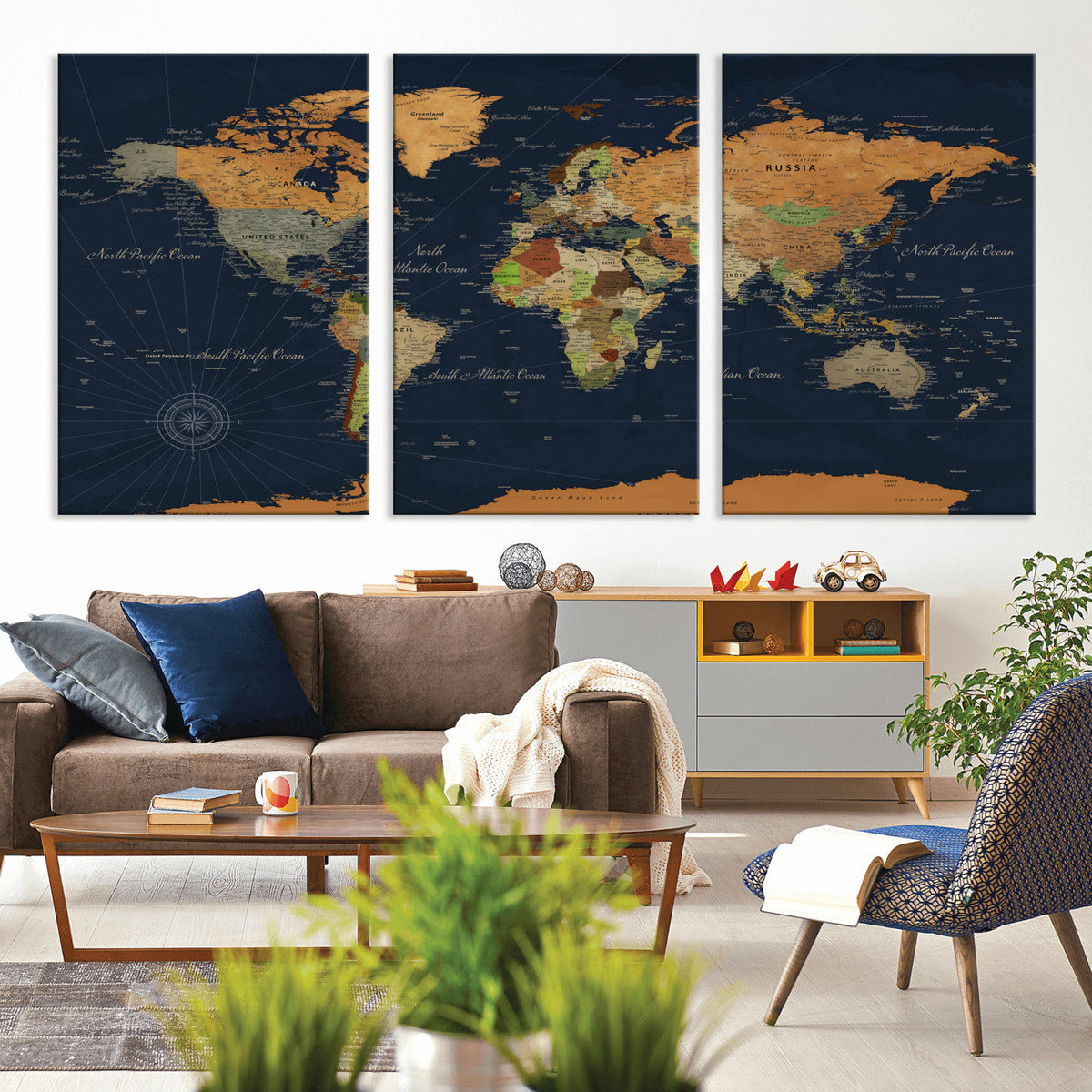 Modern World Map Canvas Print – Framed Detailed Map of the