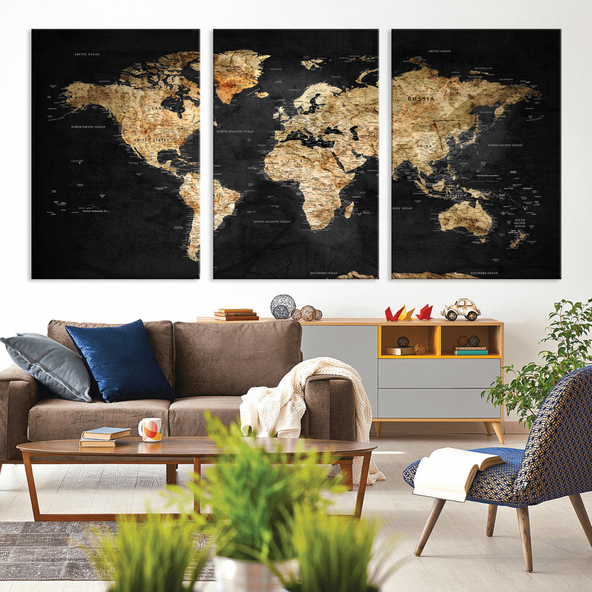 World Map Canvas Wall Art with Famous Landmarks – Framed