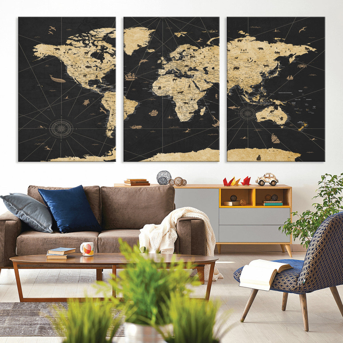 Vintage Blue and Brown World Map Canvas Wall Art – Framed