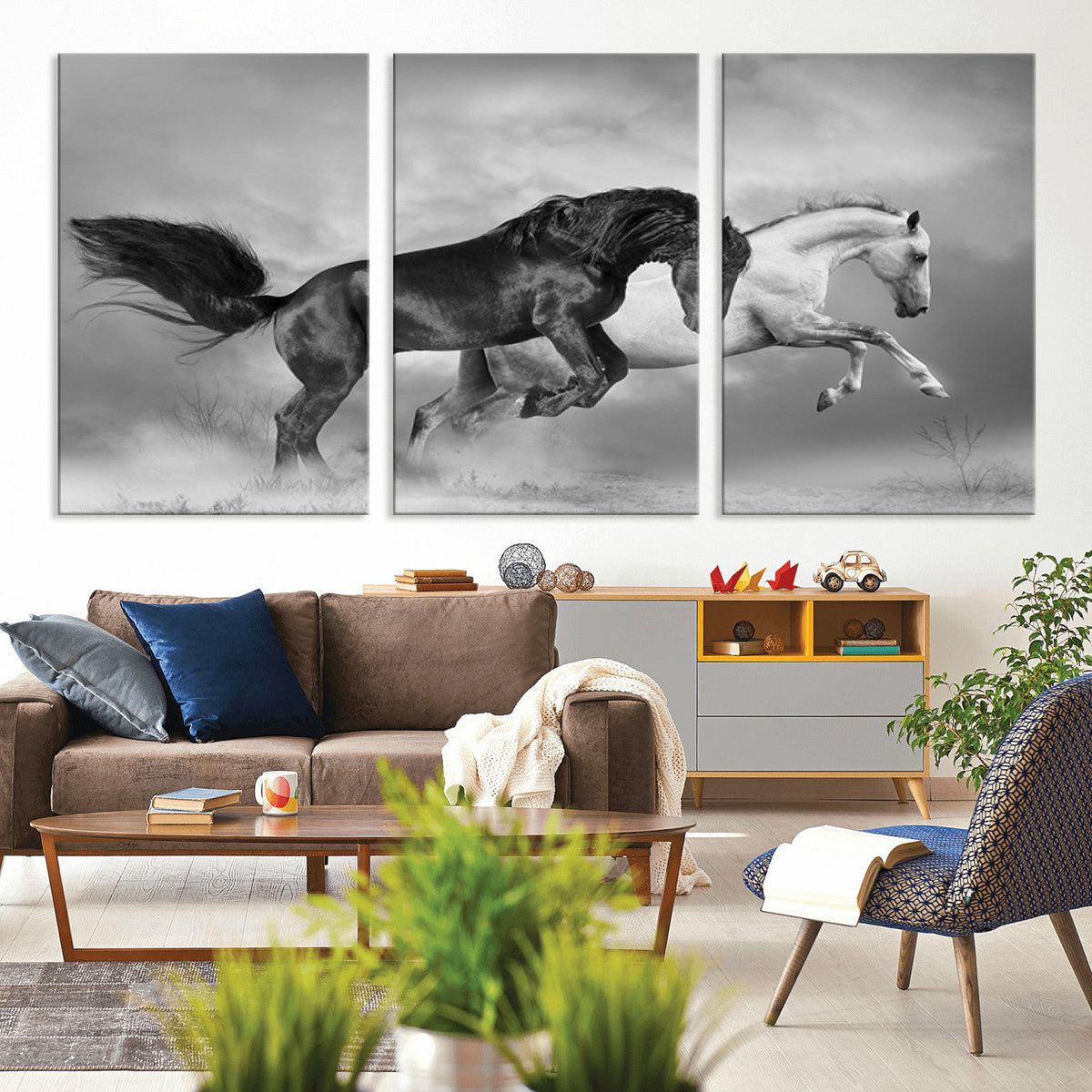 Wild Horses Wall Art Canvas Print – Framed Black and White