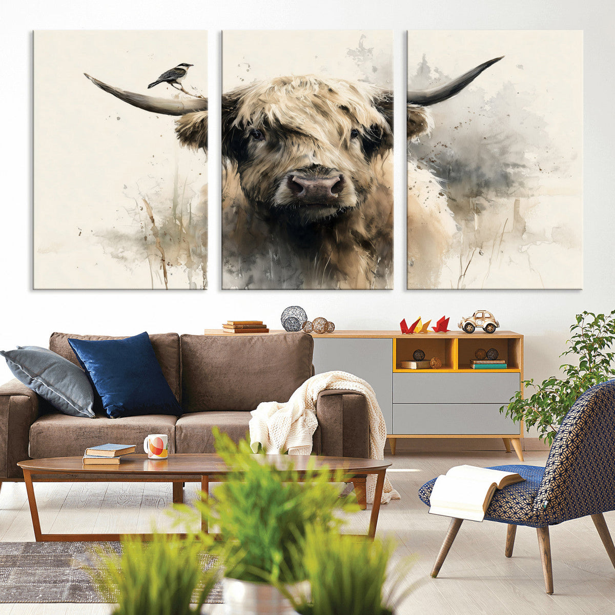 Abstract Highland Cow Wall Art Canvas Print, Rustic Farm