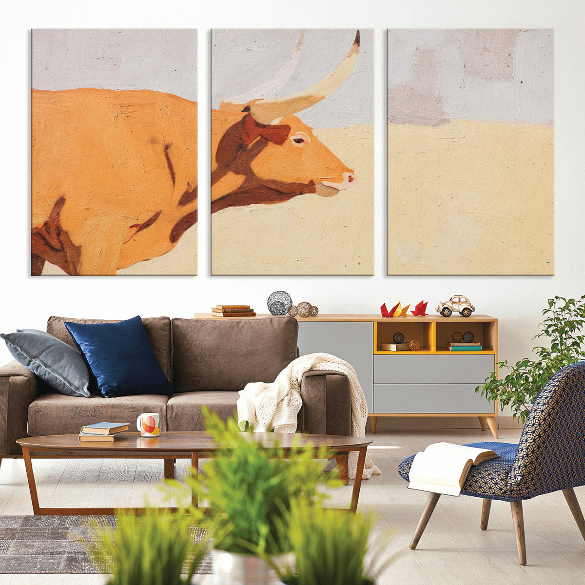 Minimal Longhorn Bull Wall Art Canvas Print, Neutral Western
