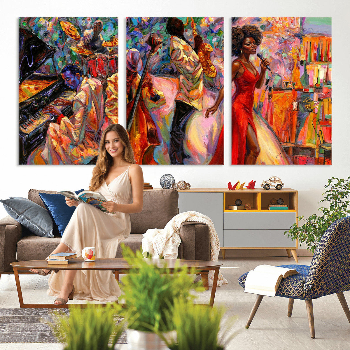 African American Jazz Singer Canvas Art — Red Dress Black