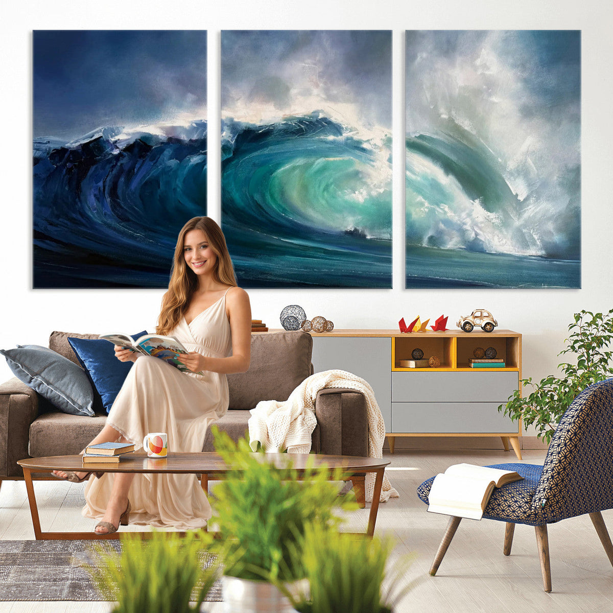 Ocean Wave Canvas Wall Art, Dramatic Teal Blue Seascape Oil