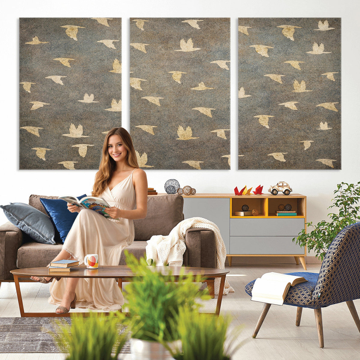 Flying Birds Canvas Wall Art, Vintage Bird Flock Pattern