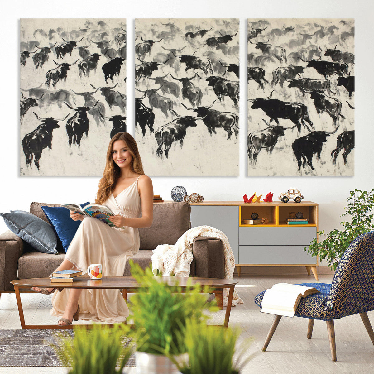 Longhorn Cattle Canvas Wall Art, Black White Stampede Ink