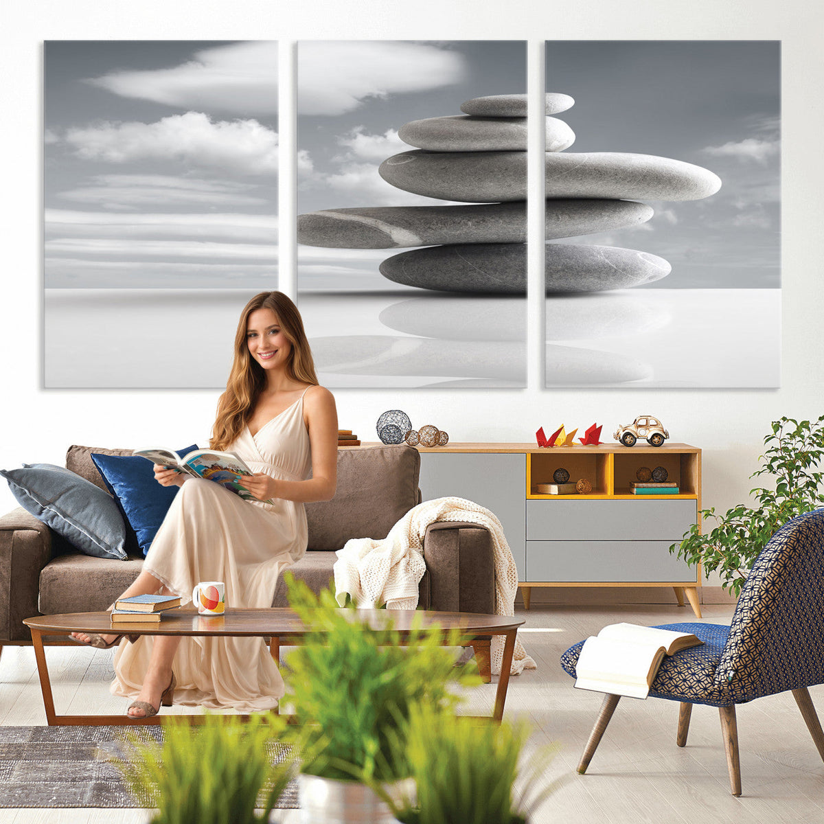 Zen Stone Wall Art Canvas Print, Balanced Rock Stack Framed