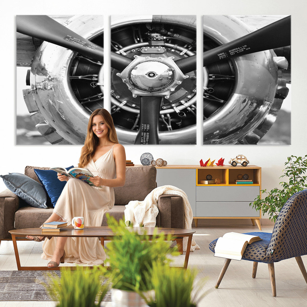 Vintage Propeller Plane Wall Art Canvas Print, Black and