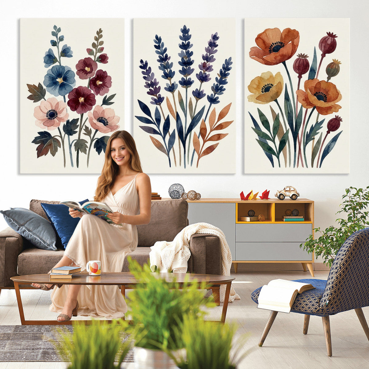 Watercolor Botanical Canvas Wall Art Set, Navy Terracotta