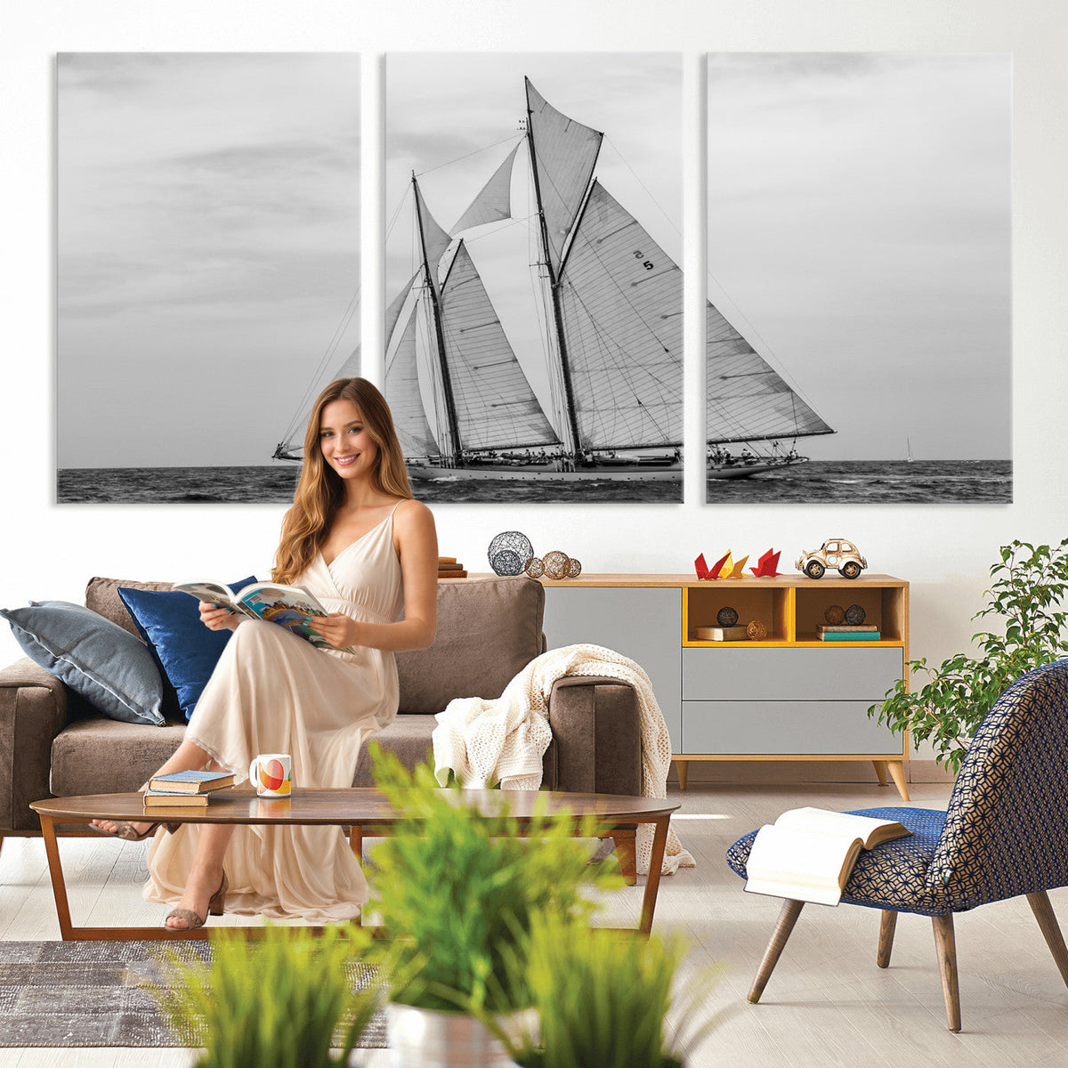 Vintage Sailboat Wall Art Canvas Print, Black and White