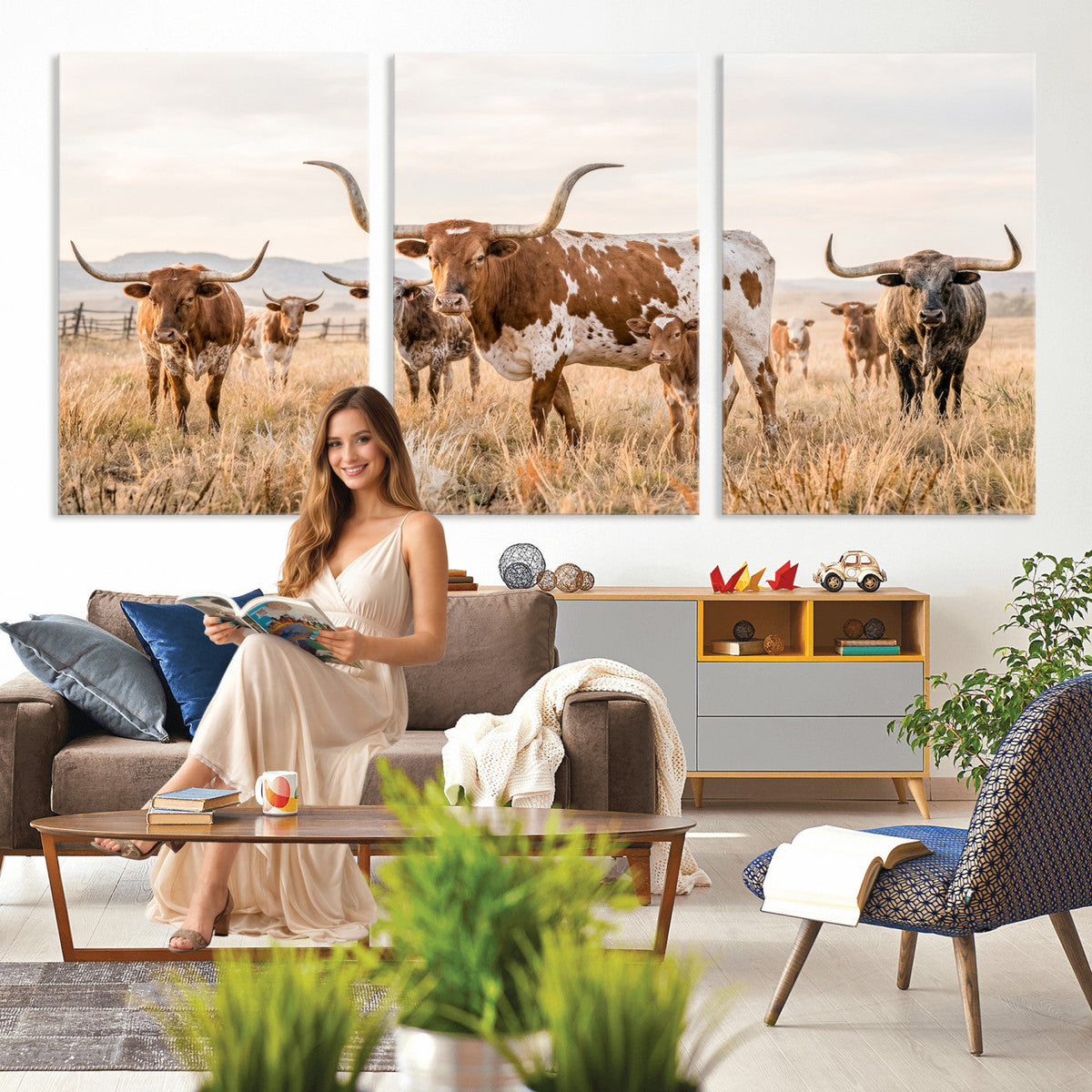 Texas Longhorn Canvas Wall Art, Rustic Farm Animal Photography Print, Farmhouse Country Decor, Western Ranch Art