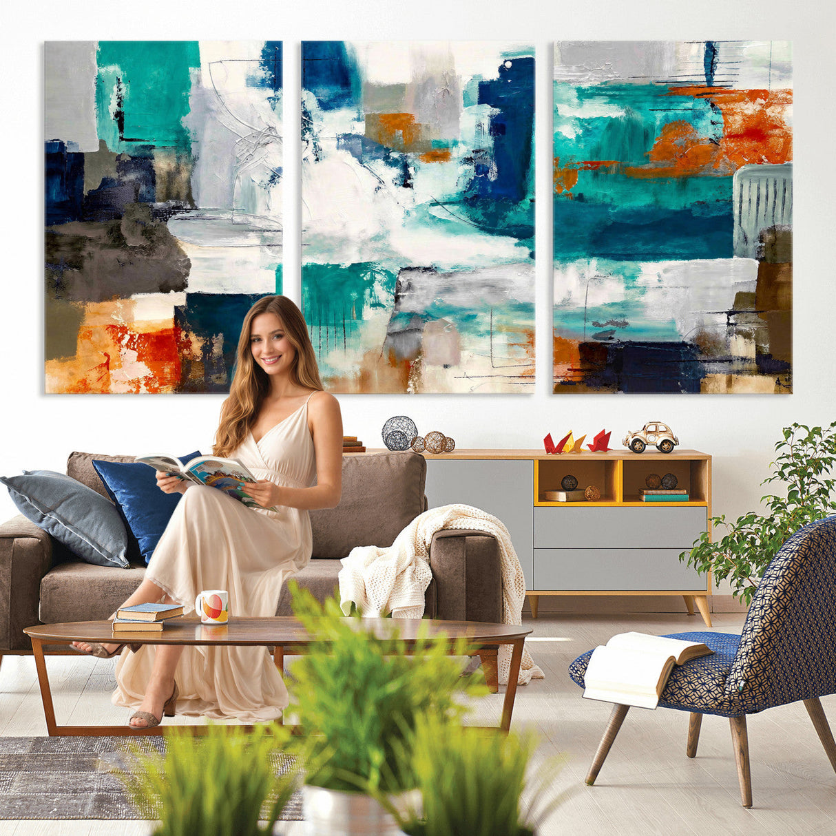 Blue Teal Abstract Canvas Wall Art, Modern Textured Painting Print, Navy Orange White Contemporary Art, Neutral Living Room Decor, Office Art