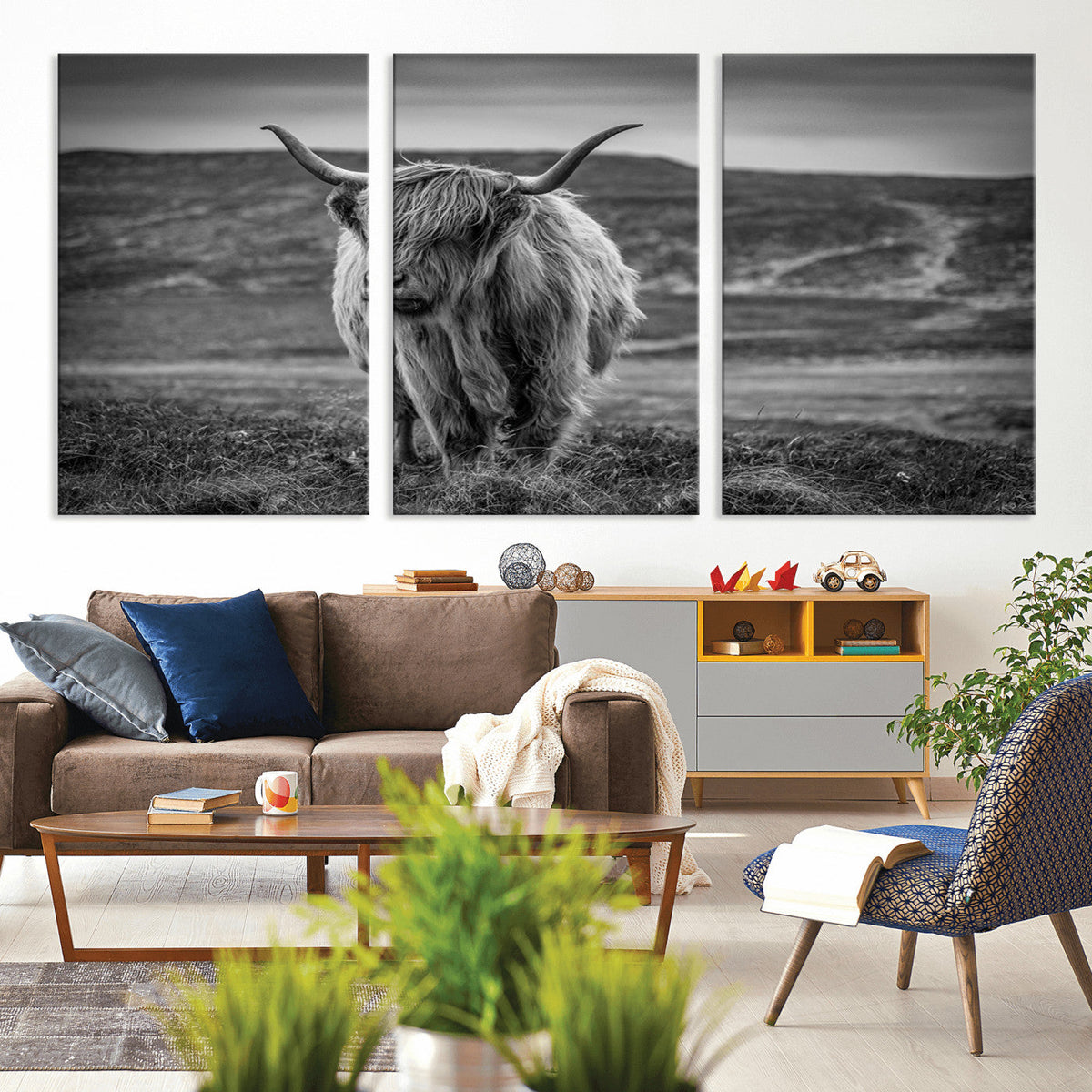 Fluffy Cattle Wall Art Print, Highland Cow Canvas, Framed