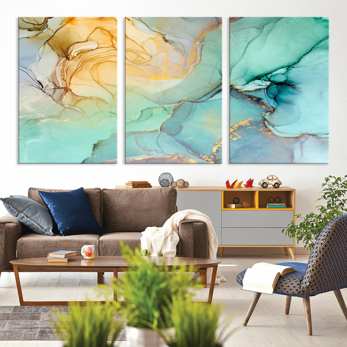 Abstract Aqua and Gold Fluid Wall Art Canvas | 3 Panel Large