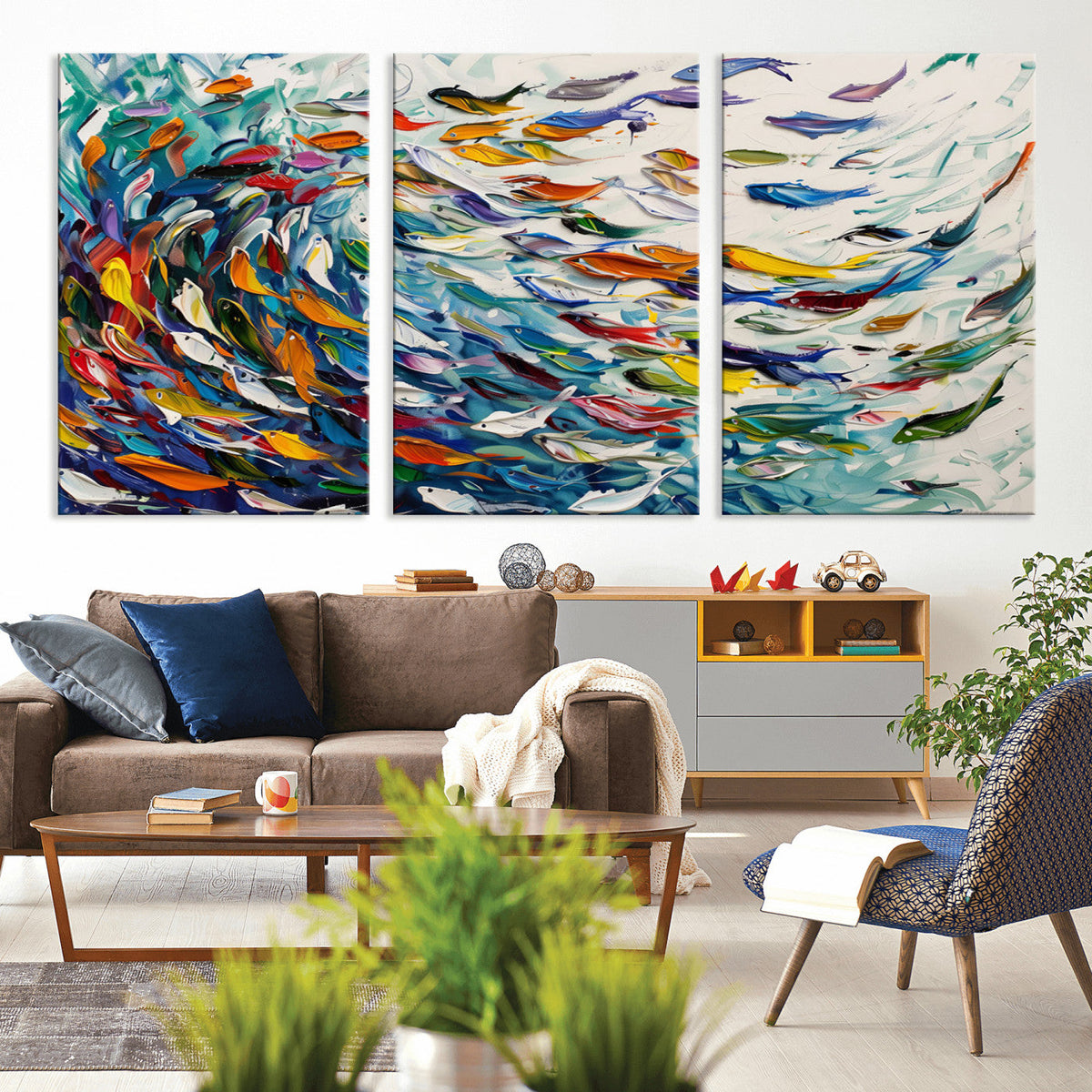 Modern Abstract Fish Shoal Wall Art Canvas Print, Colorful