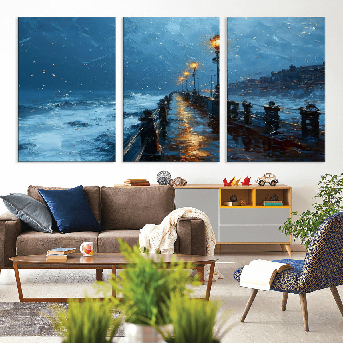Stormy Night at Beach Pier Oil Painting Large Wall Art