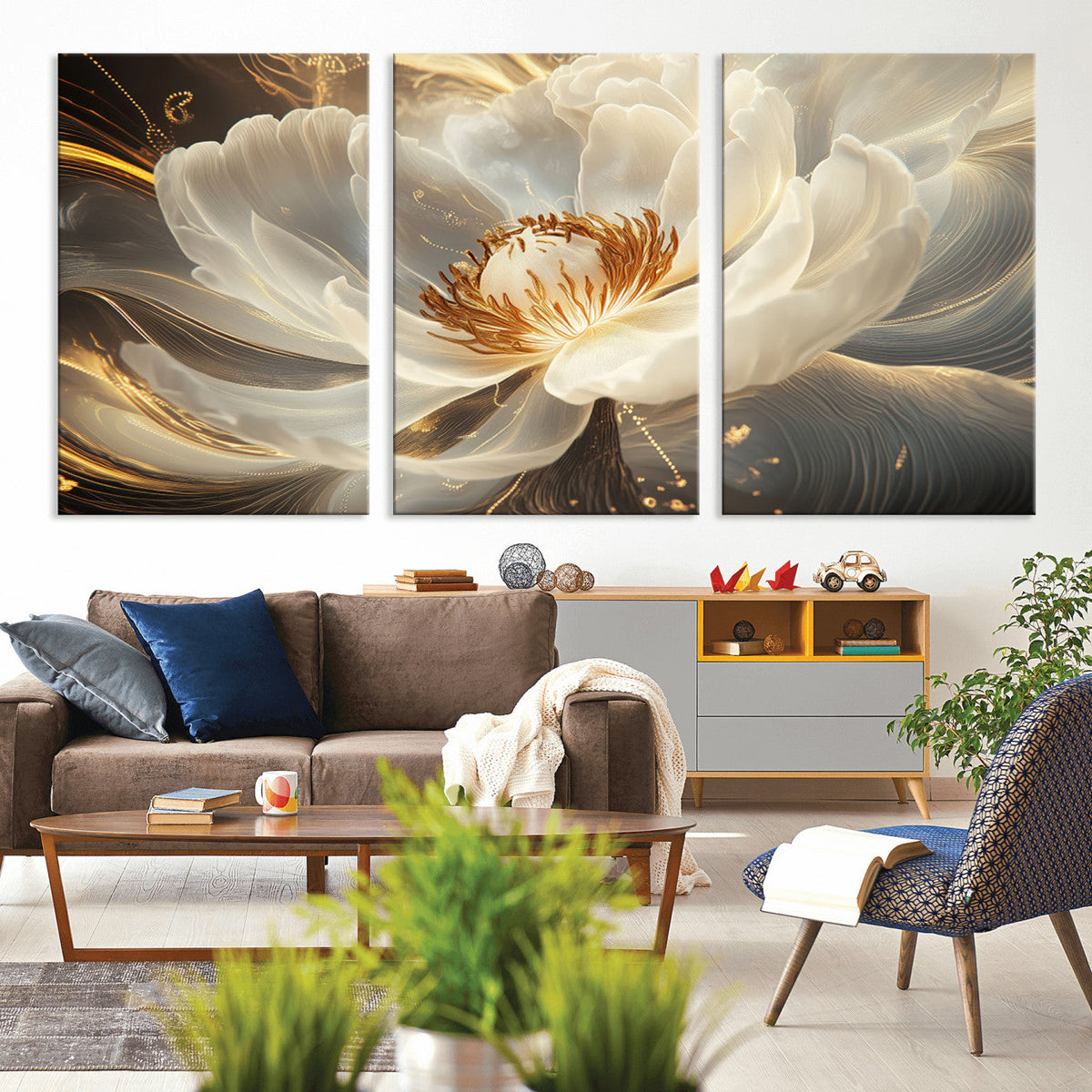 Gold Floral Wall Art Canvas Print, Framed Modern Flower Art