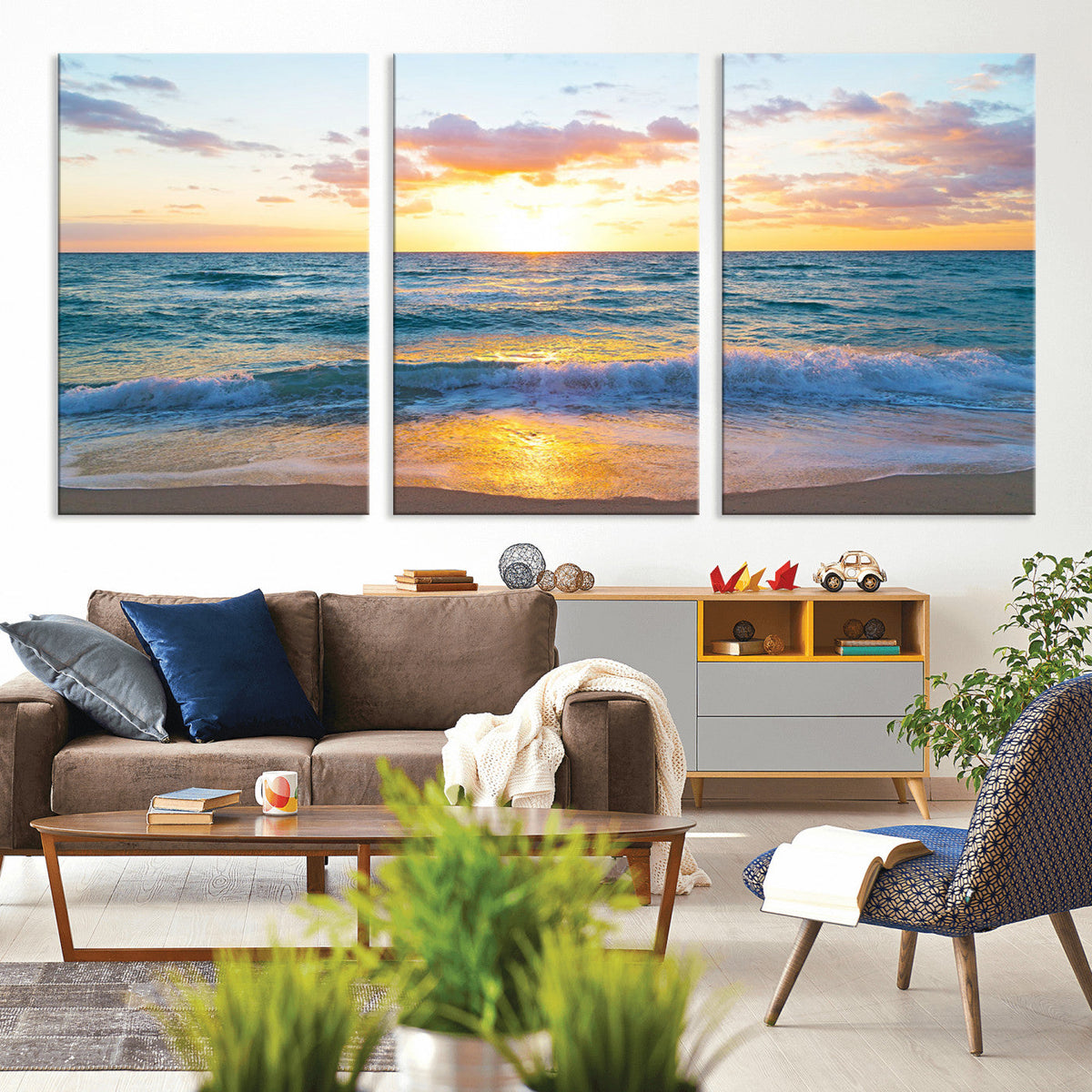 Golden Sunset Over Ocean Waves - Serene Coastal Triptych