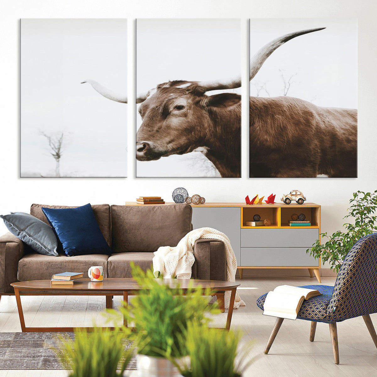 Rustic Bull Wall Art Canvas Print – Modern Longhorn
