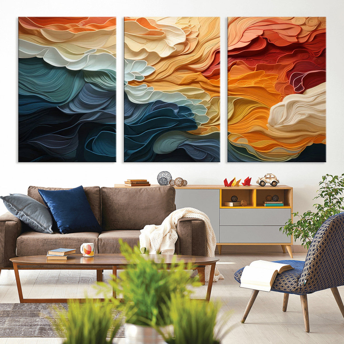 Blue Orange Abstract Wave Wall Art Canvas Print, Framed Blue