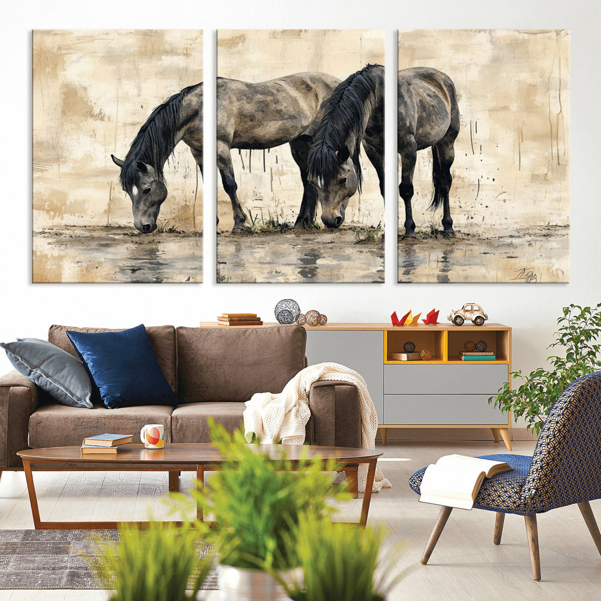 Chinese Style Abstract Black Horses Wall Art Canvas Print -