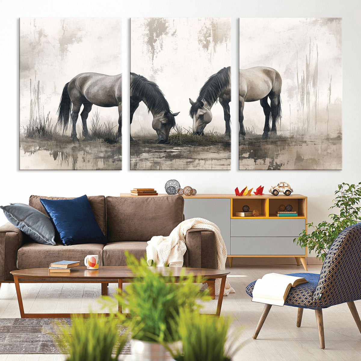 Chines Ink Style Vintage Horses Wall Art Canvas Print for