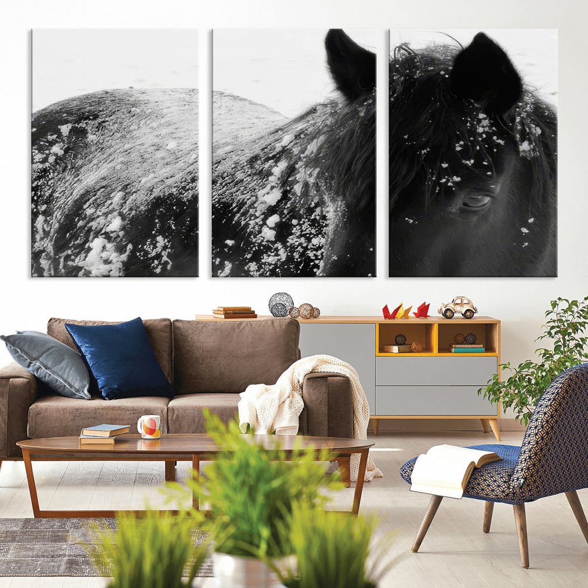 Black Horse in Snow Canvas Print | Winter Horse Wall Art |