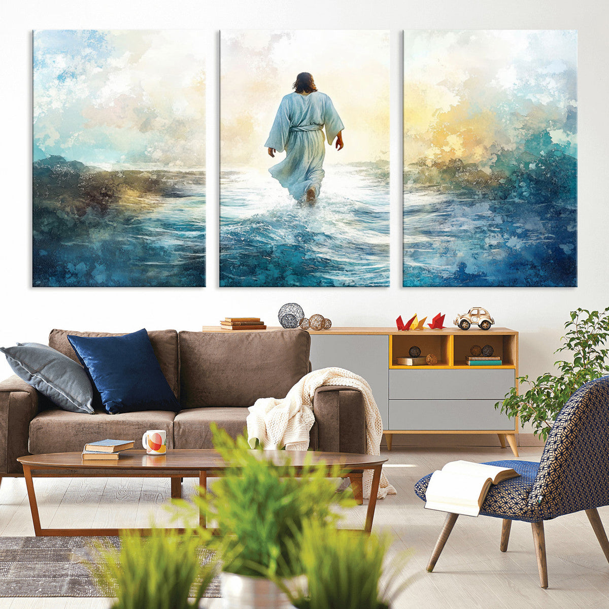 Watercolor Jesus Walking on Water Canvas Print, Christian