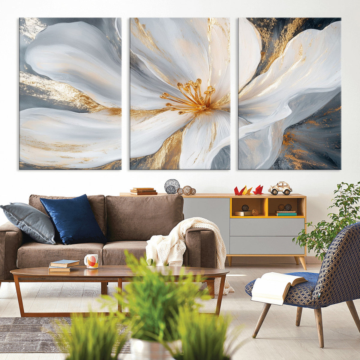 White and Gold Floral Canvas Wall Art - Framed and Ready to