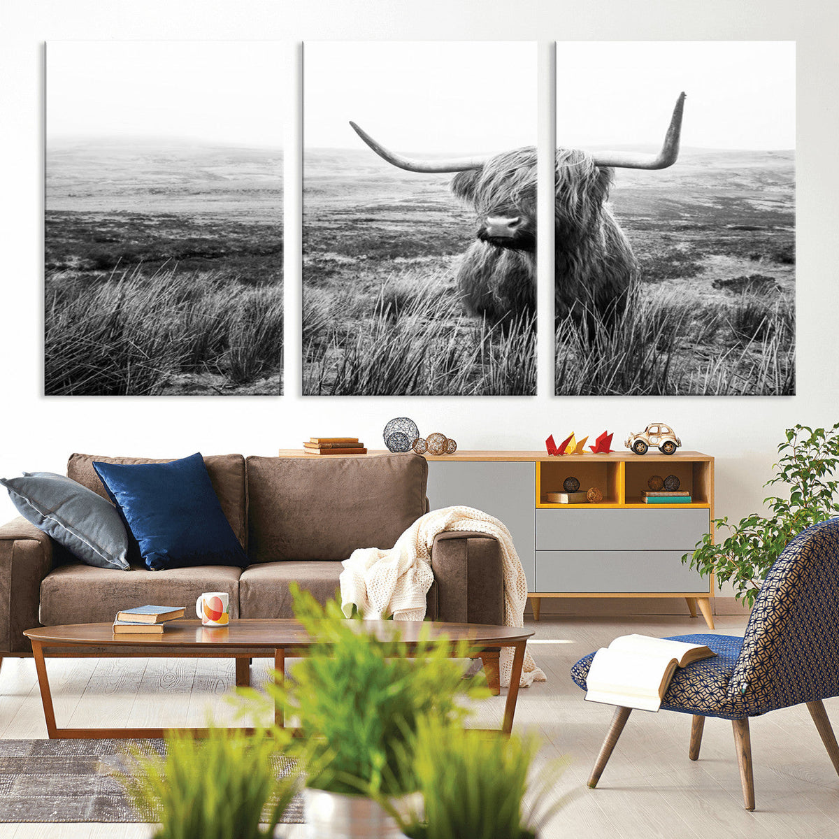 Scottish Highland Cow Wall Art | Black and White Canvas