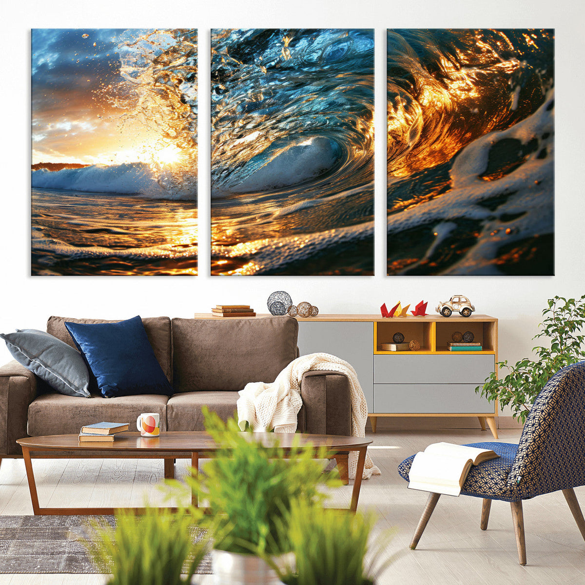 Ocean Wave at Sunset Canvas Wall Art – Vibrant Coastal Beach