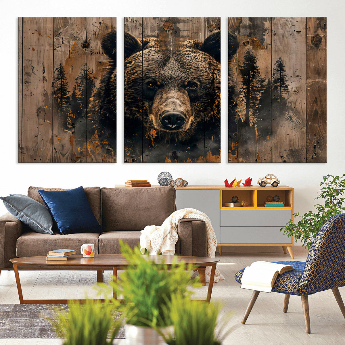Rustic Grizzly 399 Wall Art | Triptych Canvas Print | Rustic
