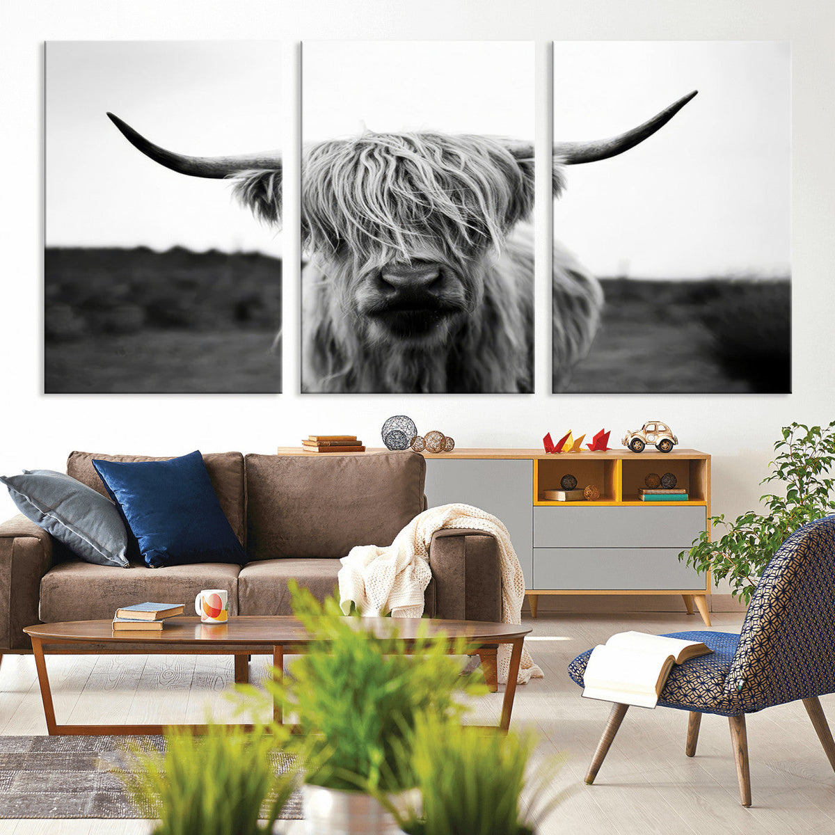 Highland Cow Wall Art | Black and White Farmhouse Decor |