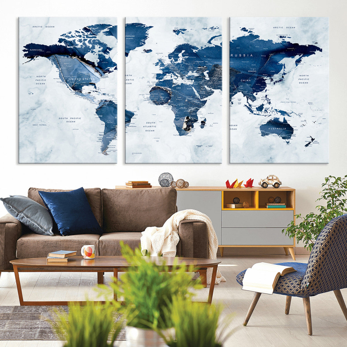 Modern Blue World Map Canvas Print – Framed Wall Art,