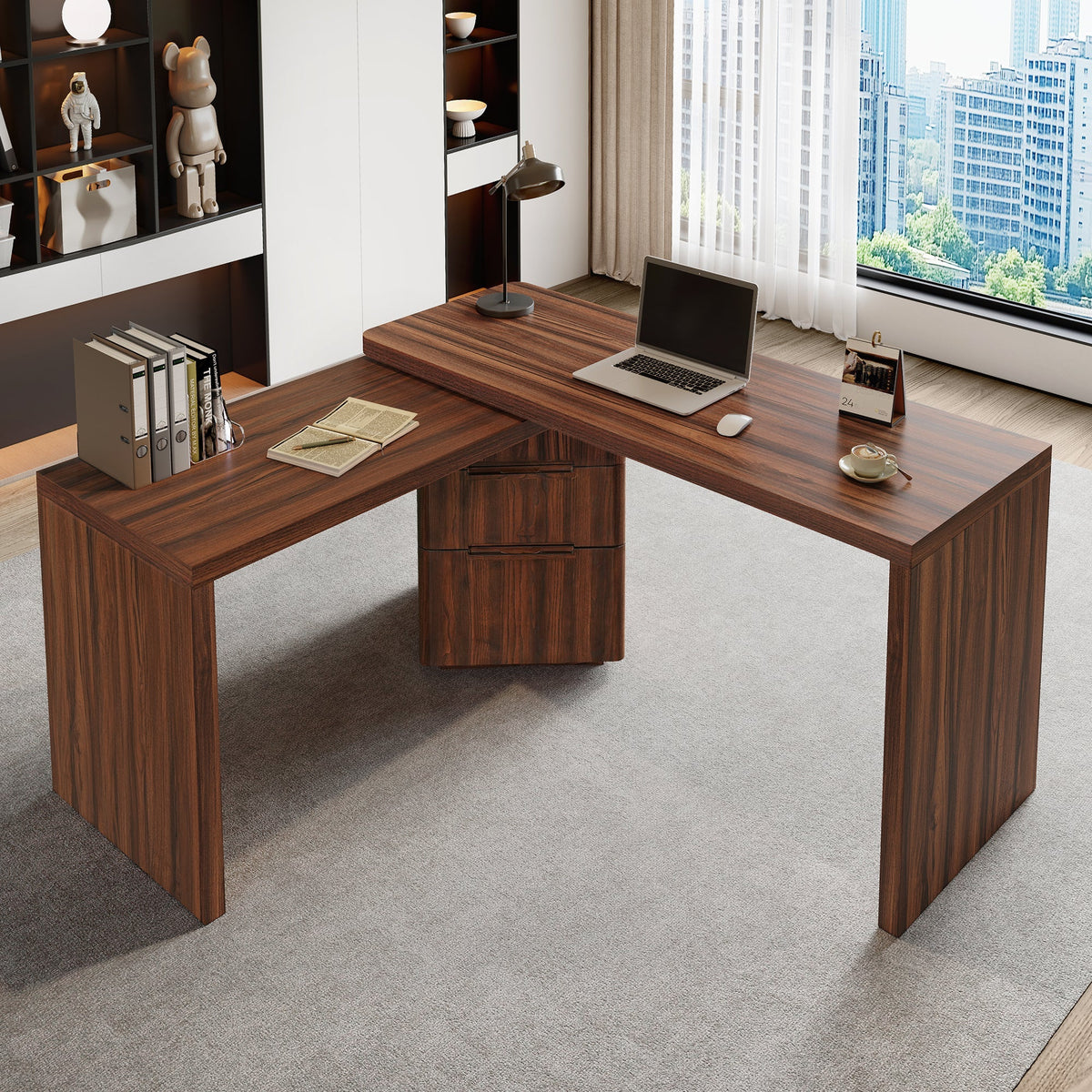 90" Modern L Shaped Desk with Rotating Design - Natural Wood or Walnut