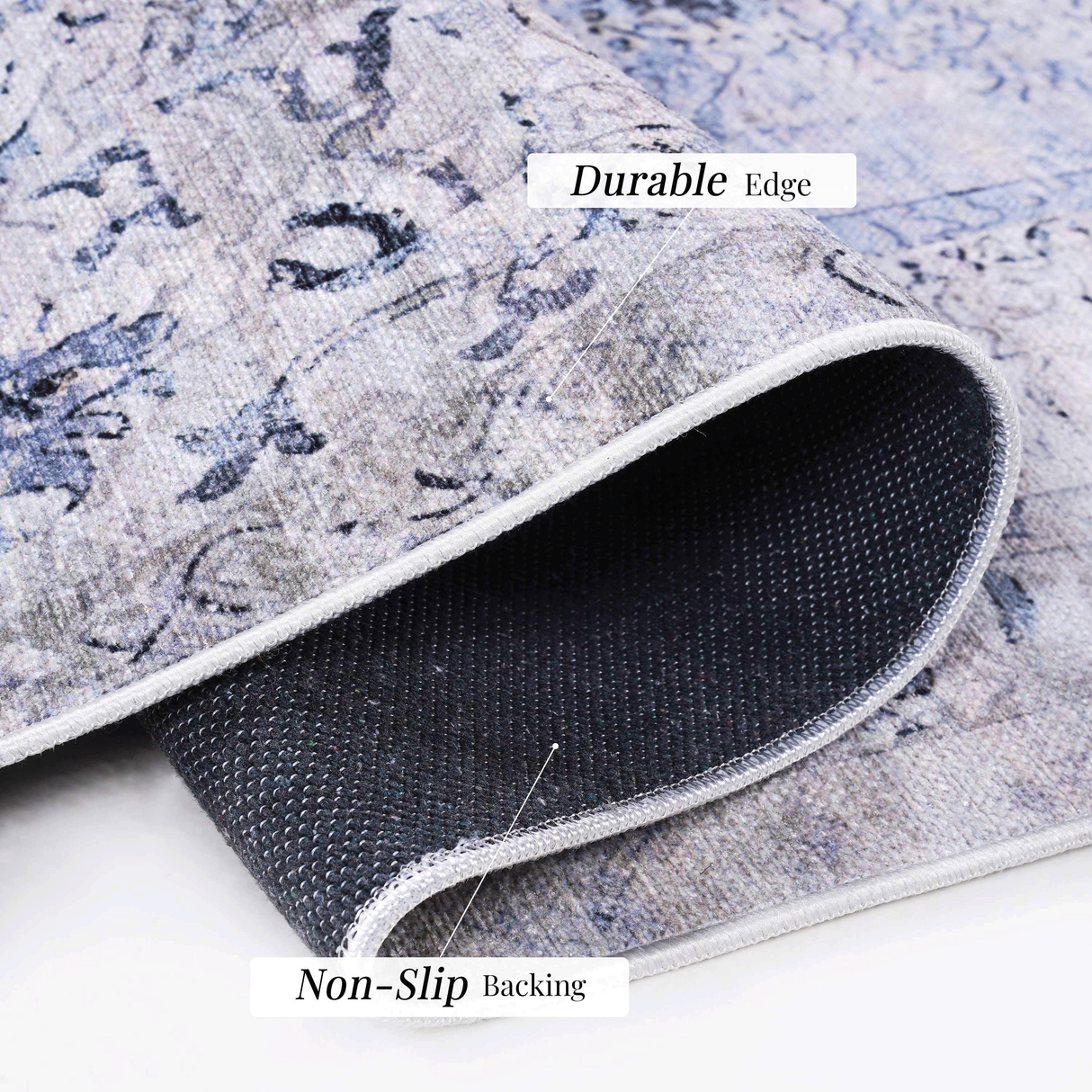 Washable Blue & Cream Area Rug – Low-Pile, Non-Slip, Non-Shedding, Foldable Runner (2'6" x 10") – Kid & Pet Friendly for Living Room, Bedroom, Kitchen or Hallway