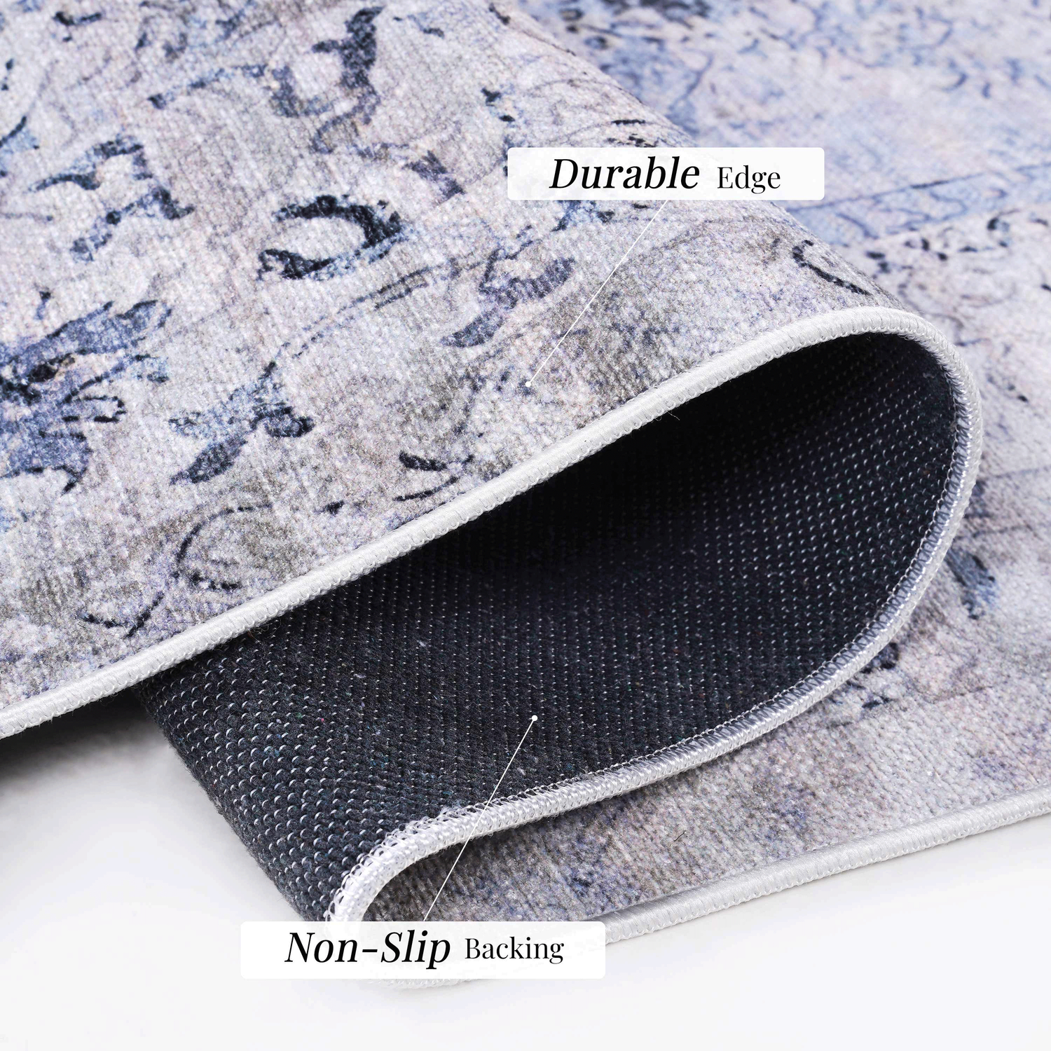Washable Blue & Cream Area Rug – Low-Pile, Non-Slip, Non-Shedding, Foldable Runner (2'6" x 10") – Kid & Pet Friendly for Living Room, Bedroom, Kitchen or Hallway