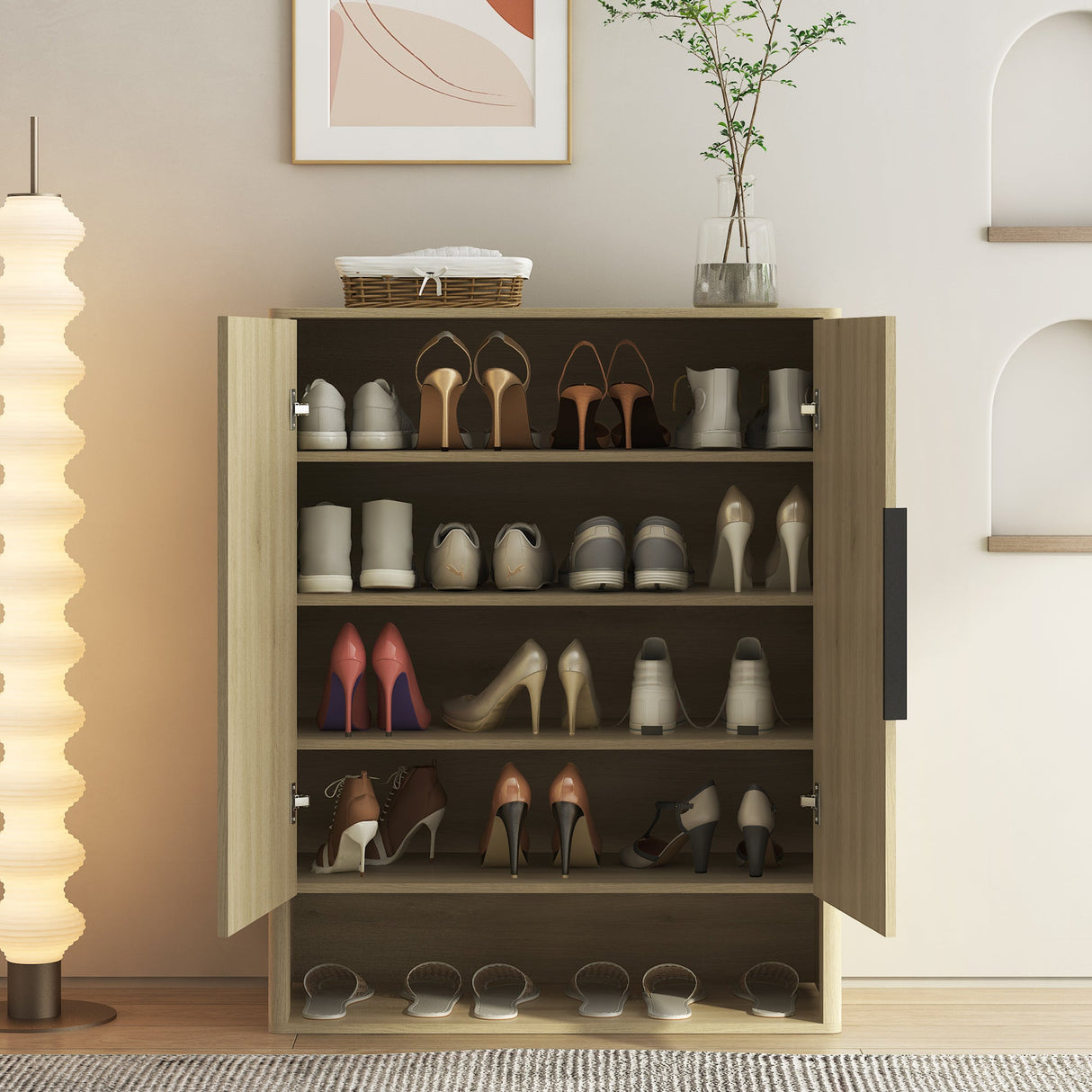 Wooden Shoe Storage Cabinet with Adjustable Shelves