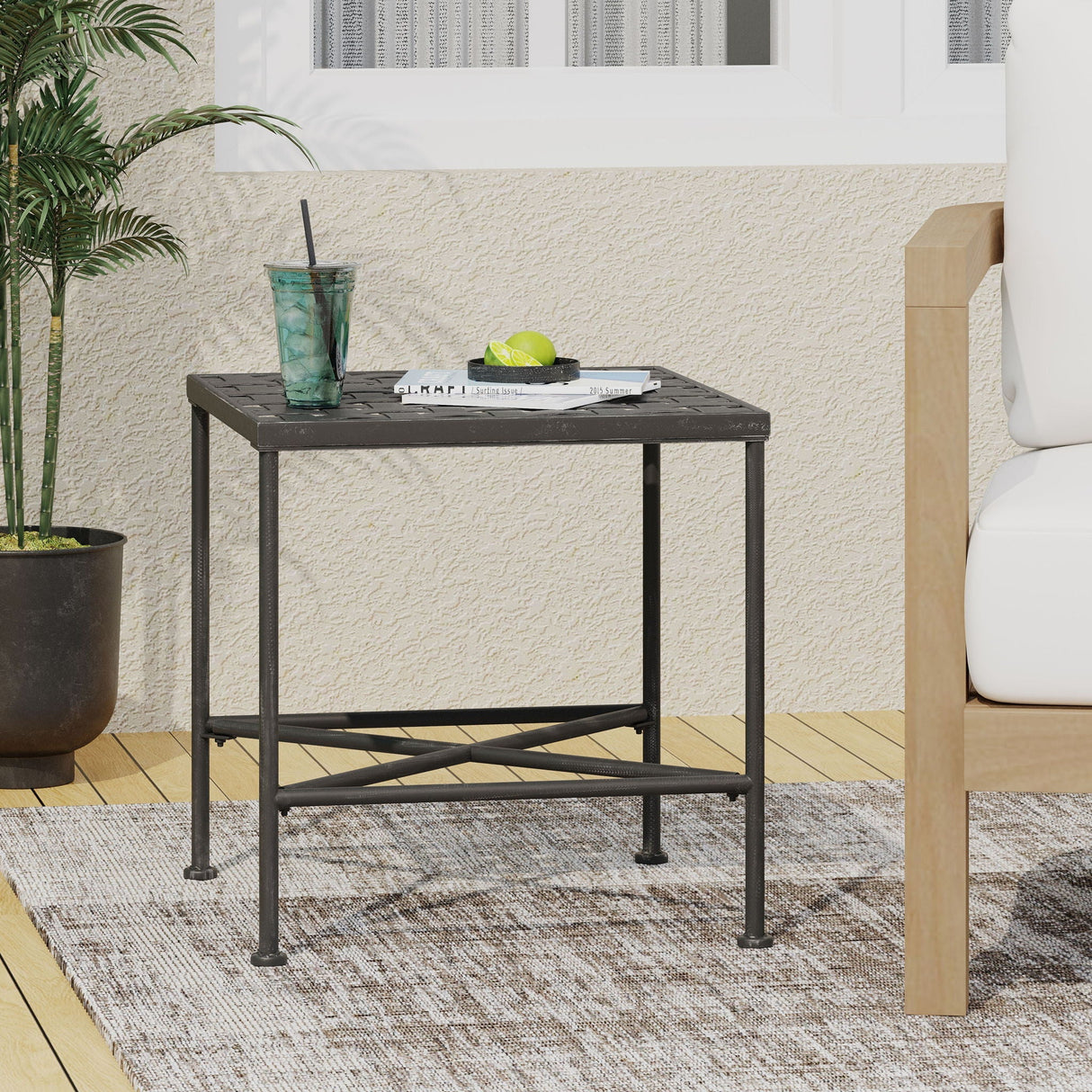 Outdoor Square Side Table with X Shaped Iron Frame - Black