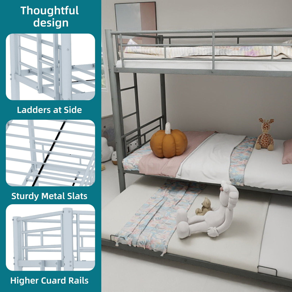 Bunk Bed For Kids, Convertible Frame With Ladders & Guardrail