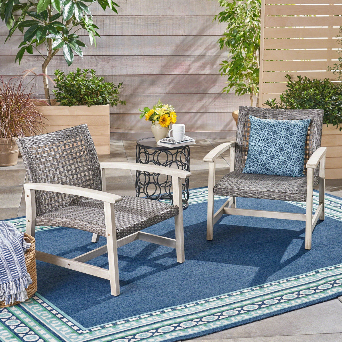 Outdoor Club Chair With Rattan Cover And Acacia Wood Frame - Gray